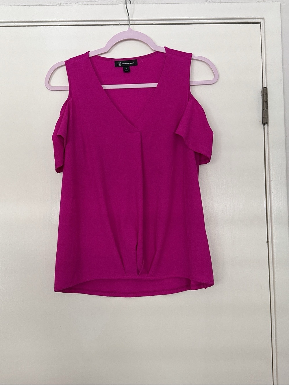INC International Concepts Cold-Shoulder V-Neck Blouse in Bright Fuchsia